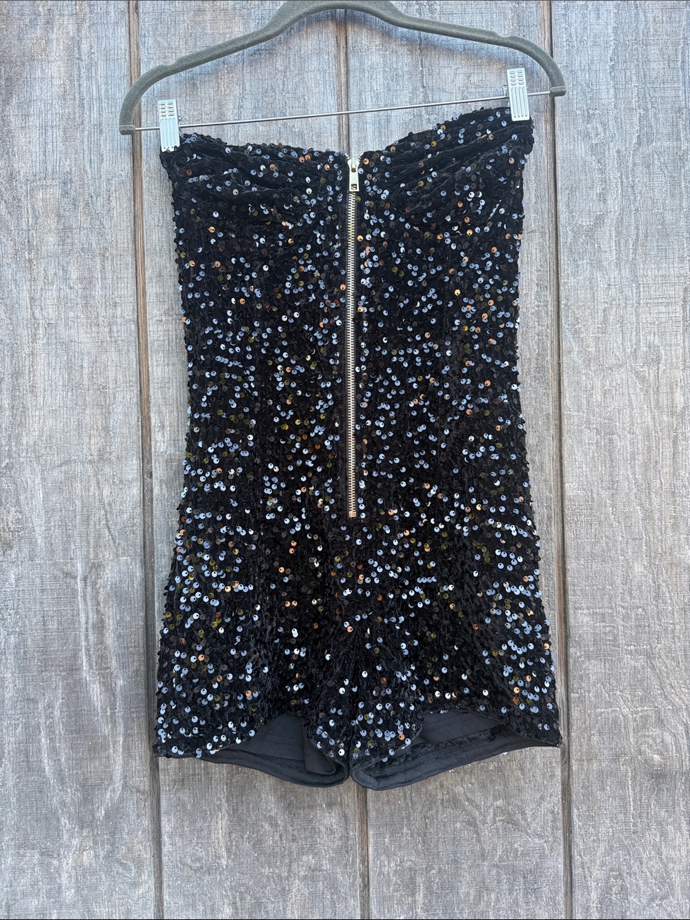 Fashion Nova Came to the Party Black Sequin Strapless Mini Romper Front Zip Med